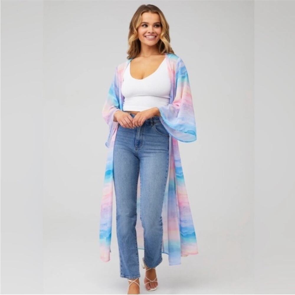 Show Me Your Mumu Kimono Marissa Cape Mermaid Waves Pink Blue Kimono EXTRA SMALL